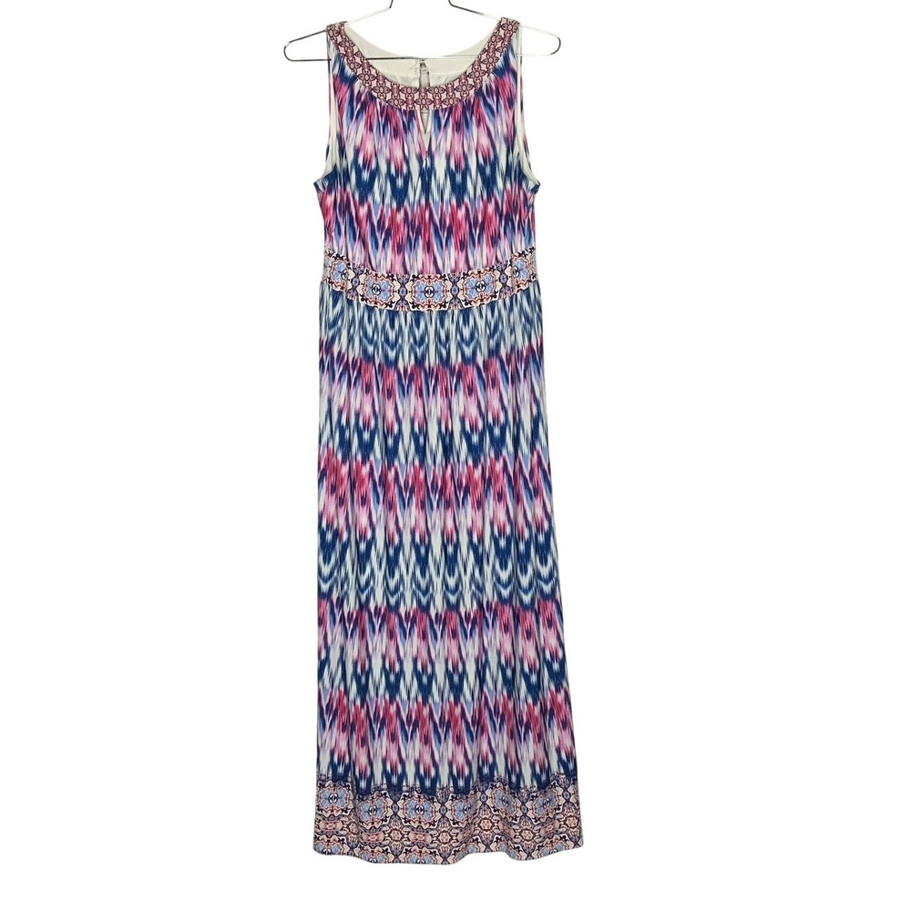 London Times Maxi Dress Women 1X Lined Ikat Print Boho Sleeveless Empire Waist